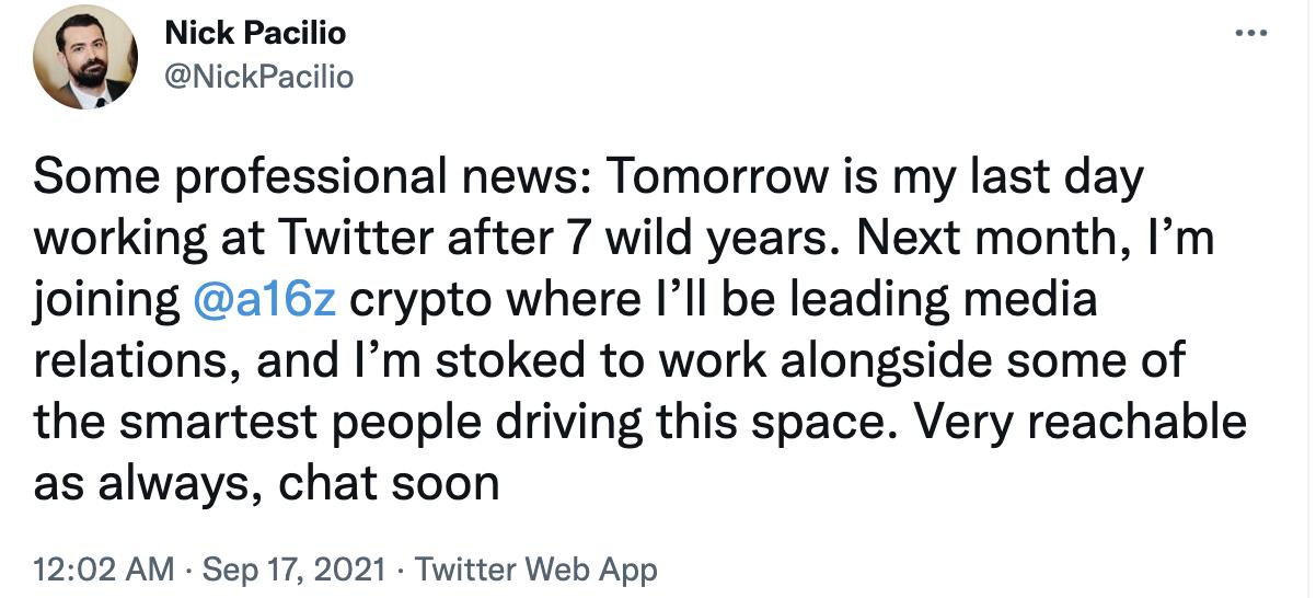 推特发言人宣布离职，将于下月加入a16z crypto负责媒体关系