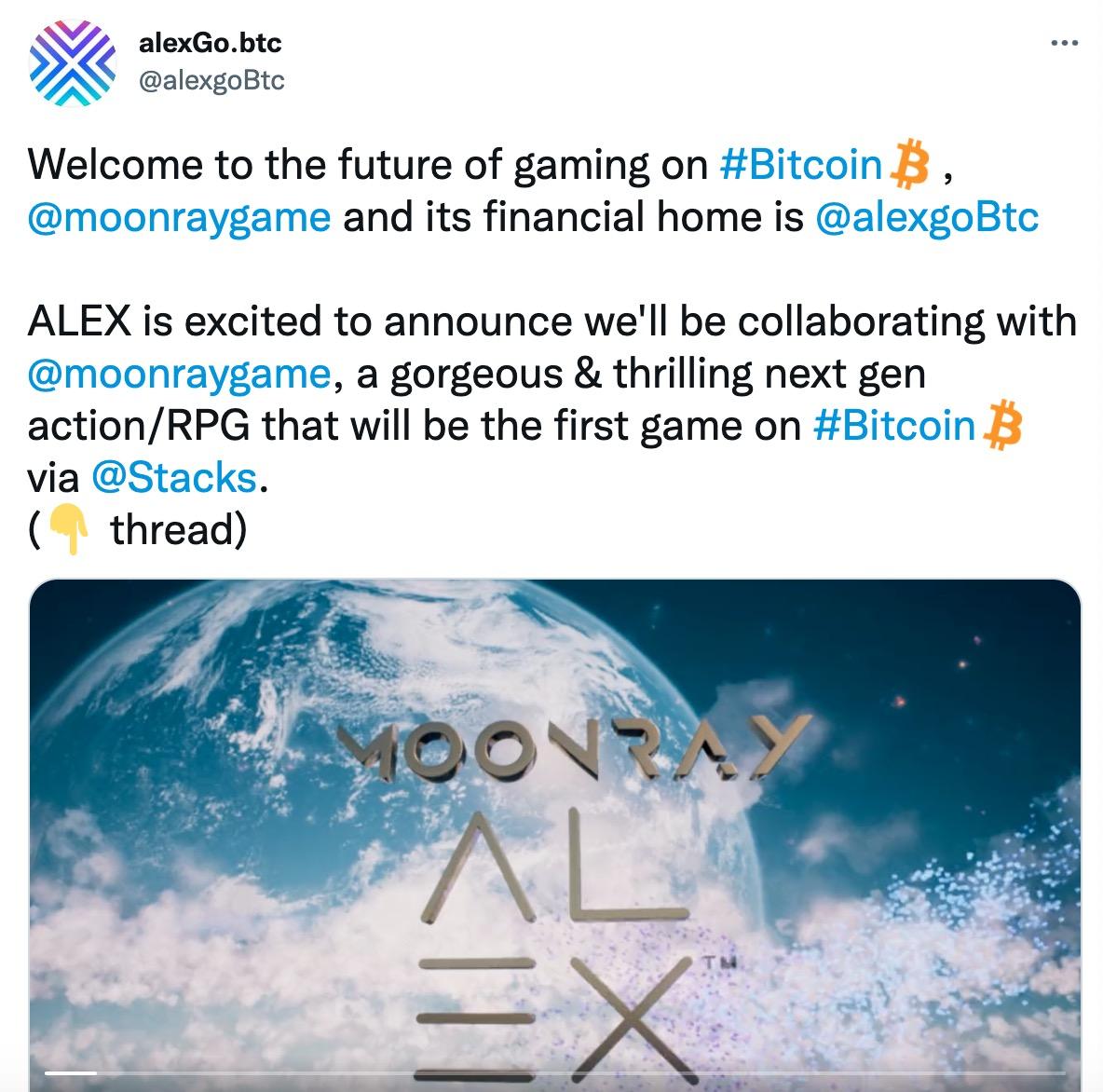 比特币DeFi服务平台alexGo与Moonray合作推出首款基于比特币的NFT游戏