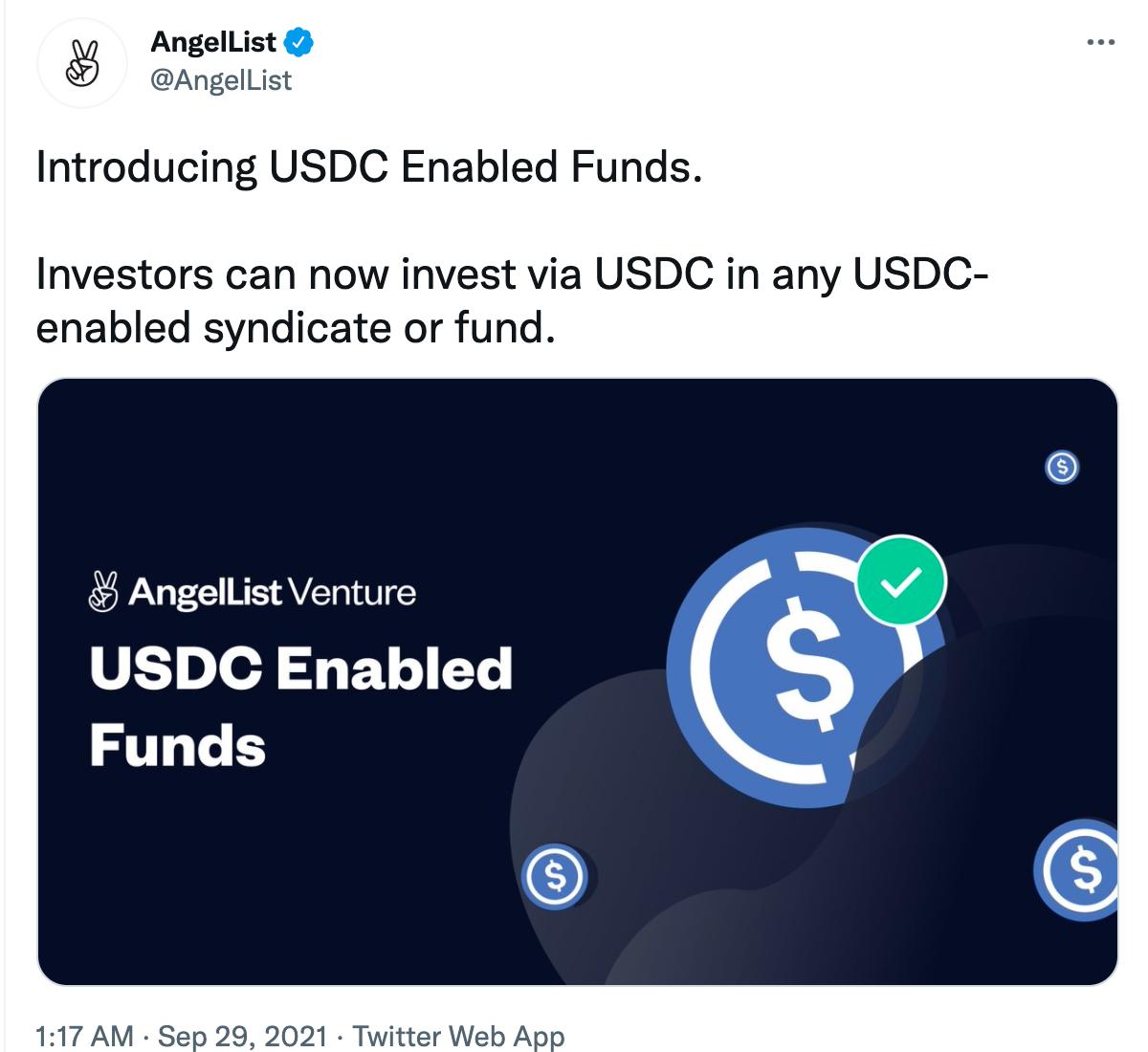 股权众筹平台AngelList将推出支持USDC的基金