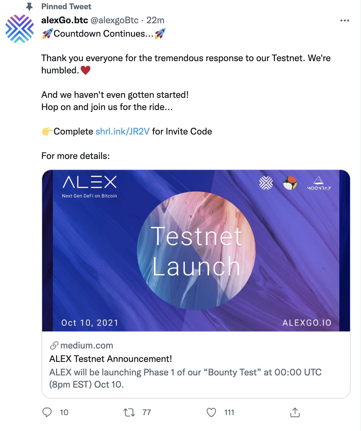 比特币 DeFi 服务平台 alexGo 将于 10 月 10 日开启测试网及赏金测试活动