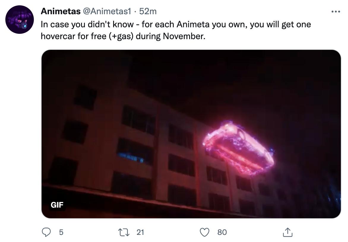 Animeta将于11月为NFT持有者发放悬浮汽车NFT空投