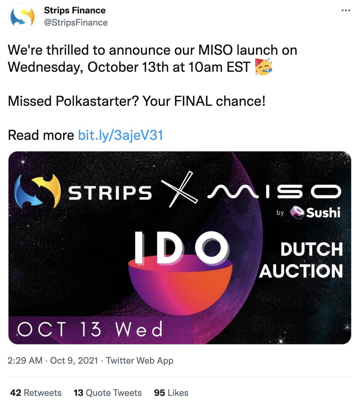 固定收益平台 Strips Finance 将于10月13日在 MISO 进行 IDO