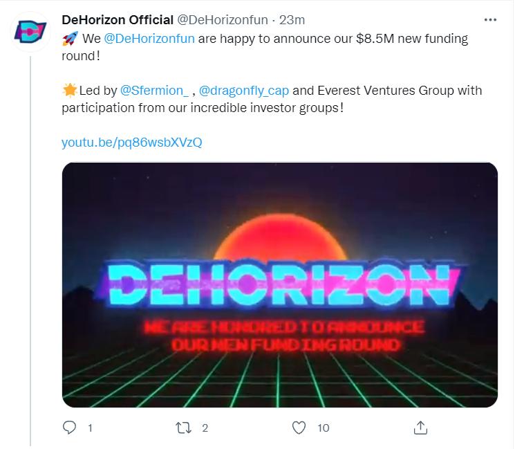 元宇宙游戏生态DeHorizon完成850万美元Pre-A轮融资，Dragonfly Capital等领投