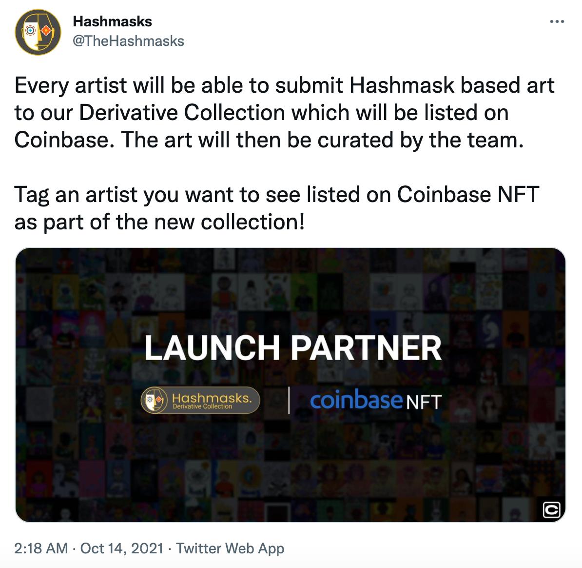 数字艺术藏品平台Hashmasks宣布成为Coinbase NFT发布合作伙伴