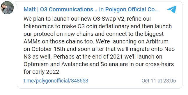 O3 Swap 将于 10 月 15 日上线 Arbitrum，随后上线 Neo N3 主网