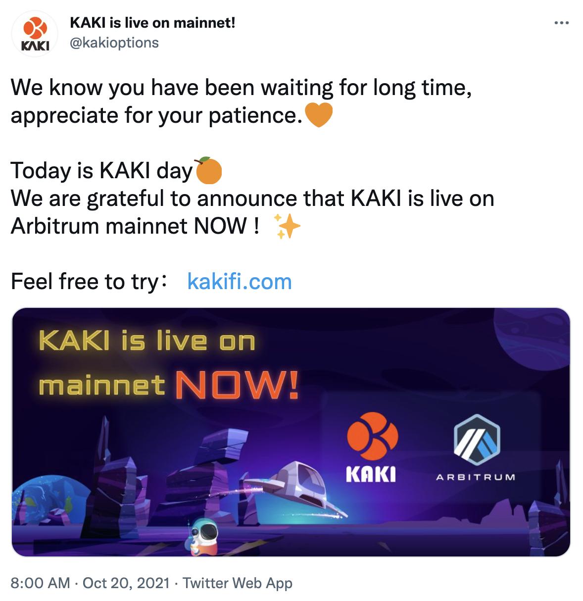 无损期权协议 KAKI 已正式发布并上线 Arbitrum 主网