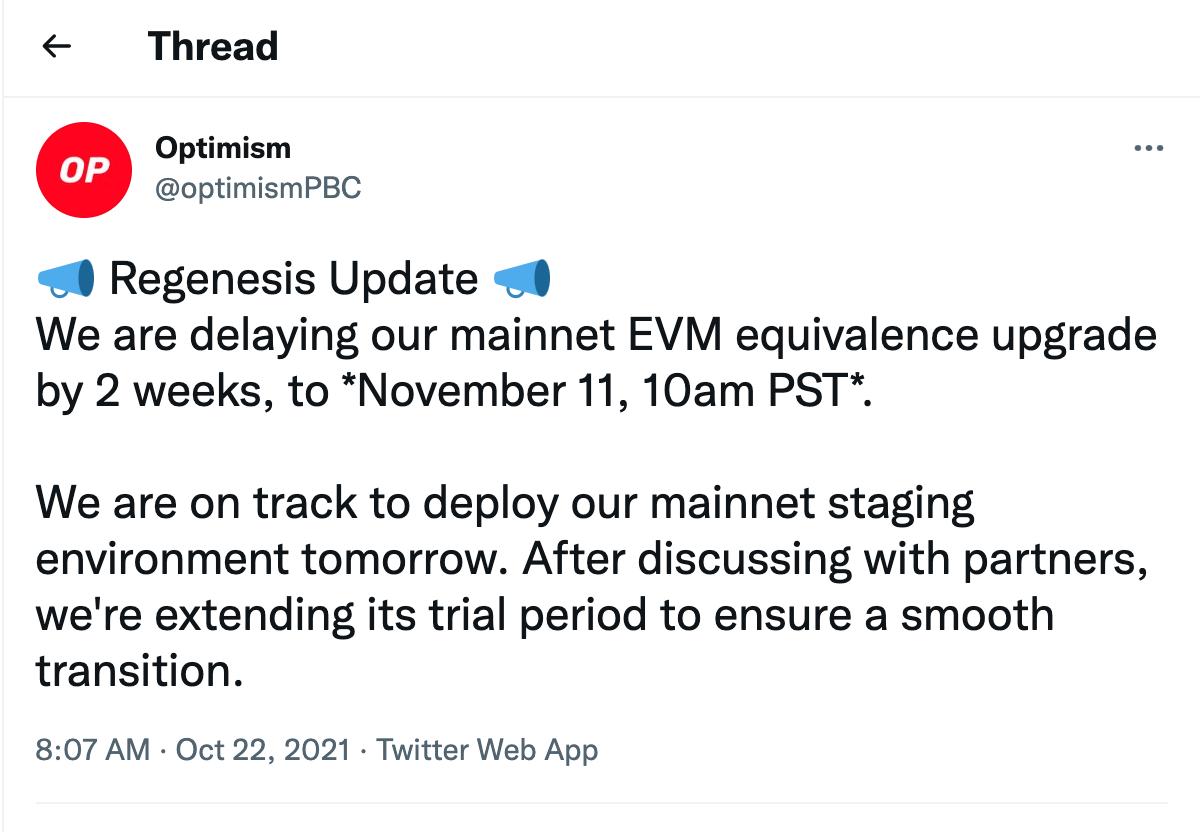 Optimism宣布OVM 2.0版本上线以太坊主网的时间推迟两周