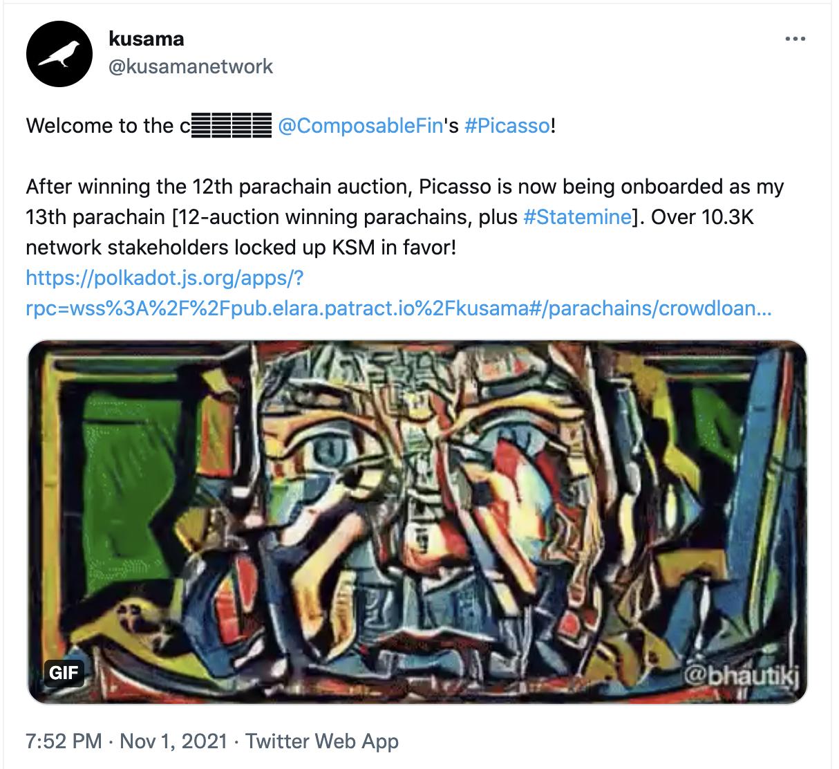 跨链虚拟机 Composable 先行网 Picasso 赢得 Kusama 上第十二个平行链插槽