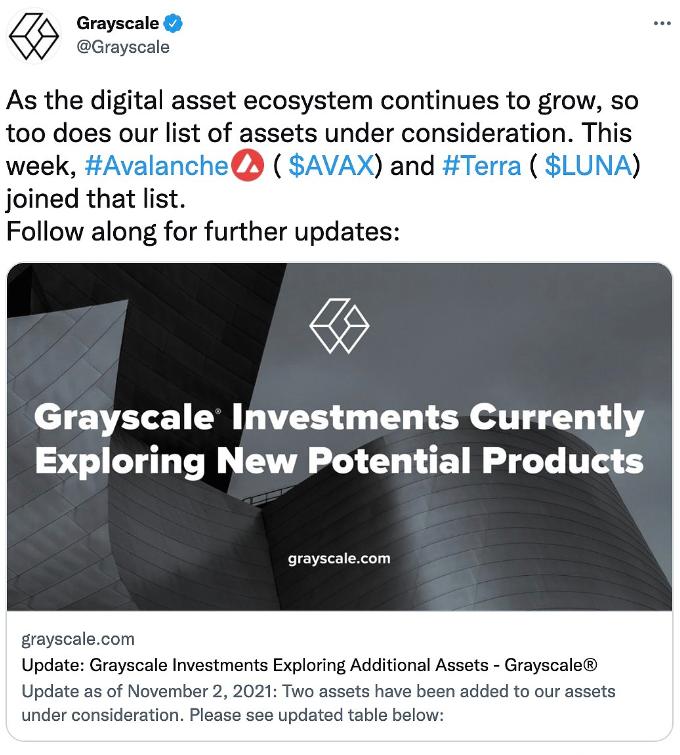 灰度计划新增AVAX及LUNA加密投资产品