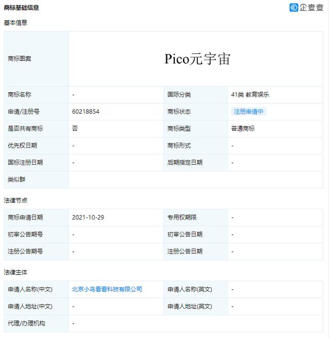 字节跳动方注册Pico元宇宙商标