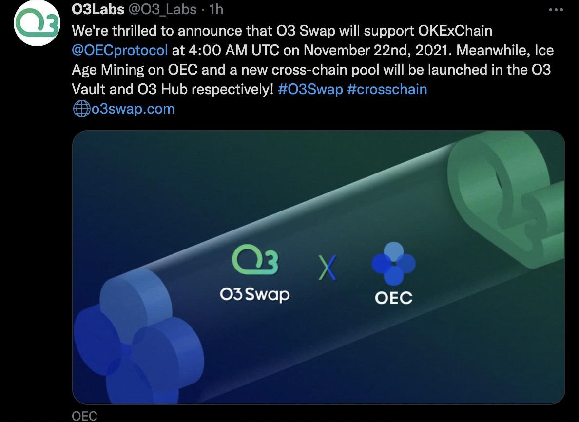 O3 Swap 将于 11 月 22 日上线 OEC 网络 USDT 跨链池，并开启冰川挖矿