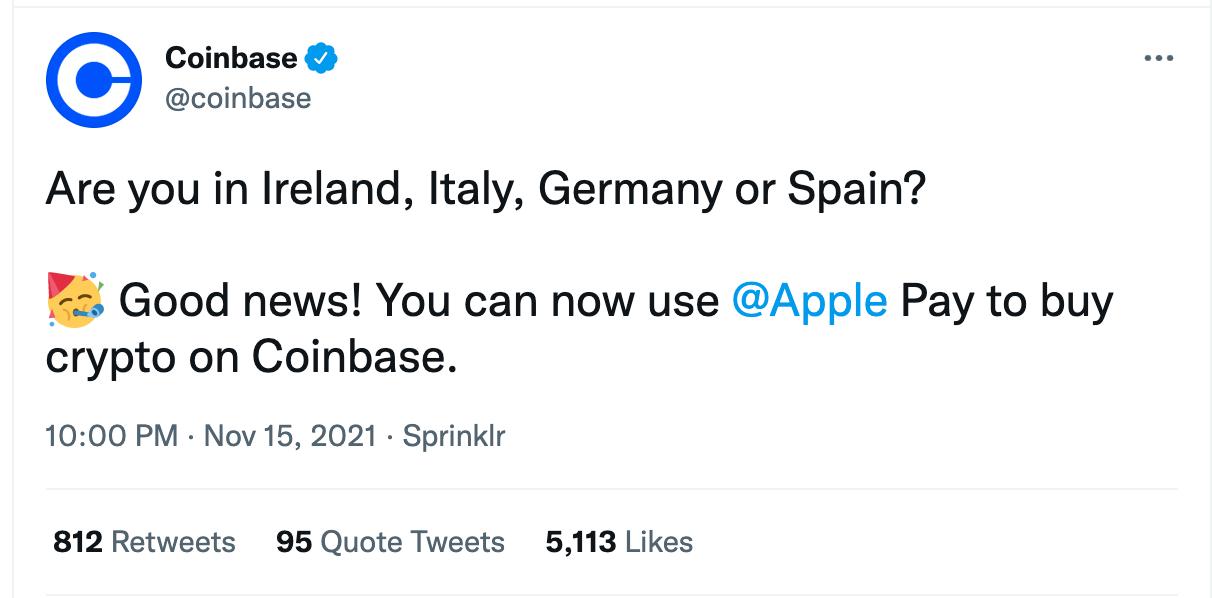 Coinbase支持德国等部分欧洲国家用户通过Apple Pay购买加密货币