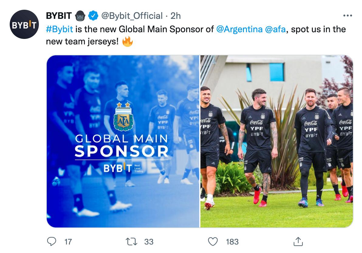 加密衍生品交易平台Bybit宣布成为阿根廷国家足球队全球赞助商
