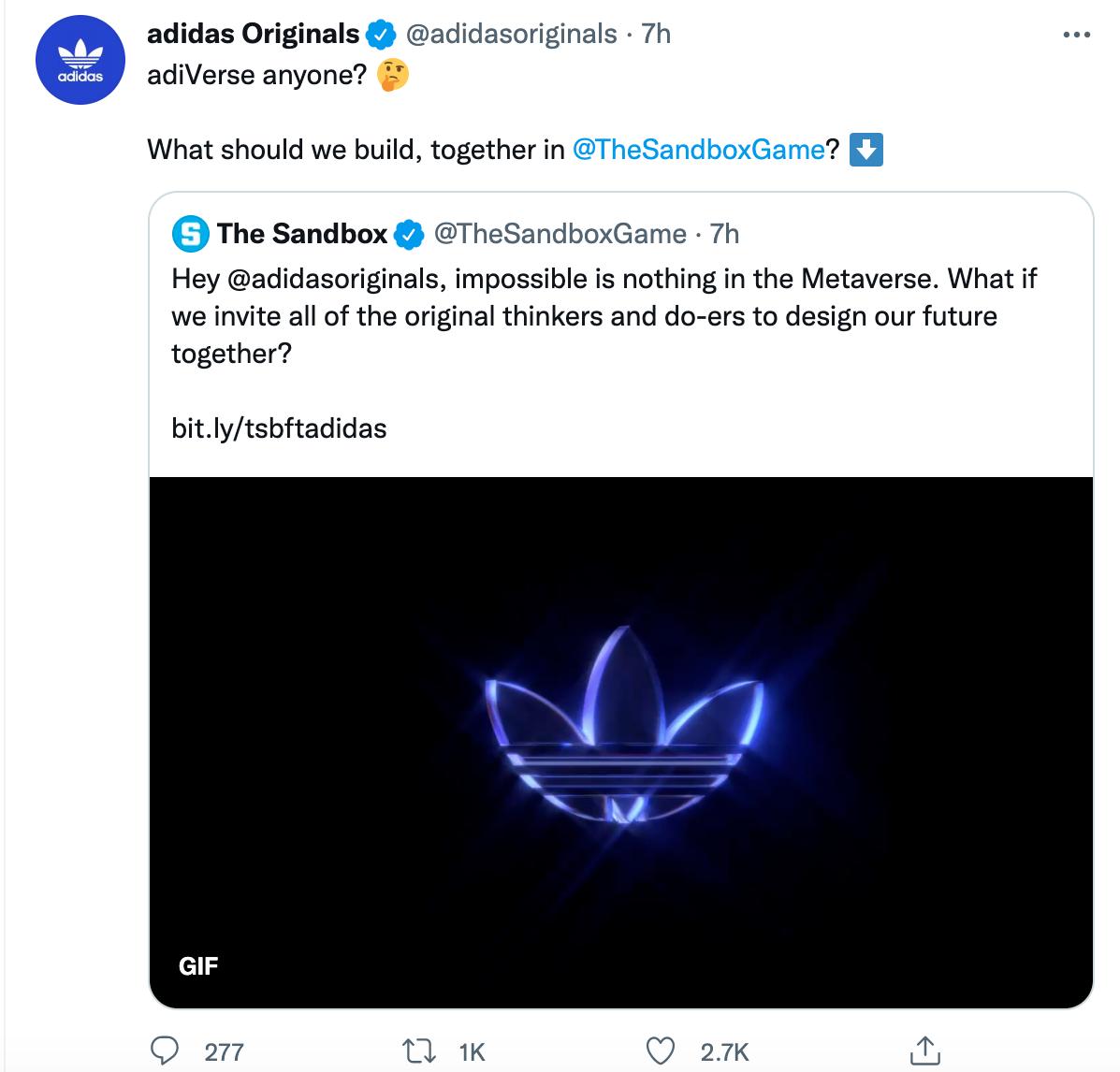 阿迪达斯旗下Adidas Originals入驻NFT虚拟土地项目The Sandbox