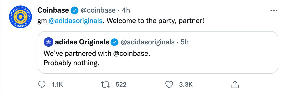 Adidas Originals宣布与Coinbase达成合作