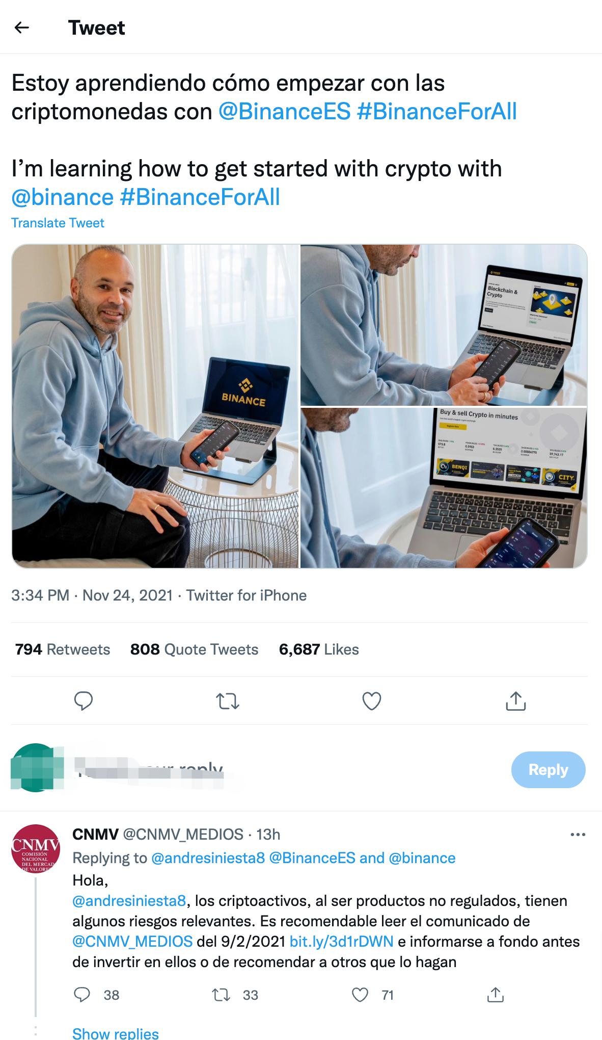 足球明星伊涅斯塔在推特宣传币安后，遭到西班牙市场监管机构谴责