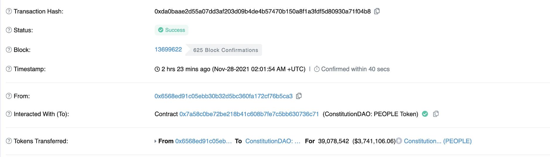 一投资者误将价值超370万美元People代币转入ConstitutionDAO合约地址