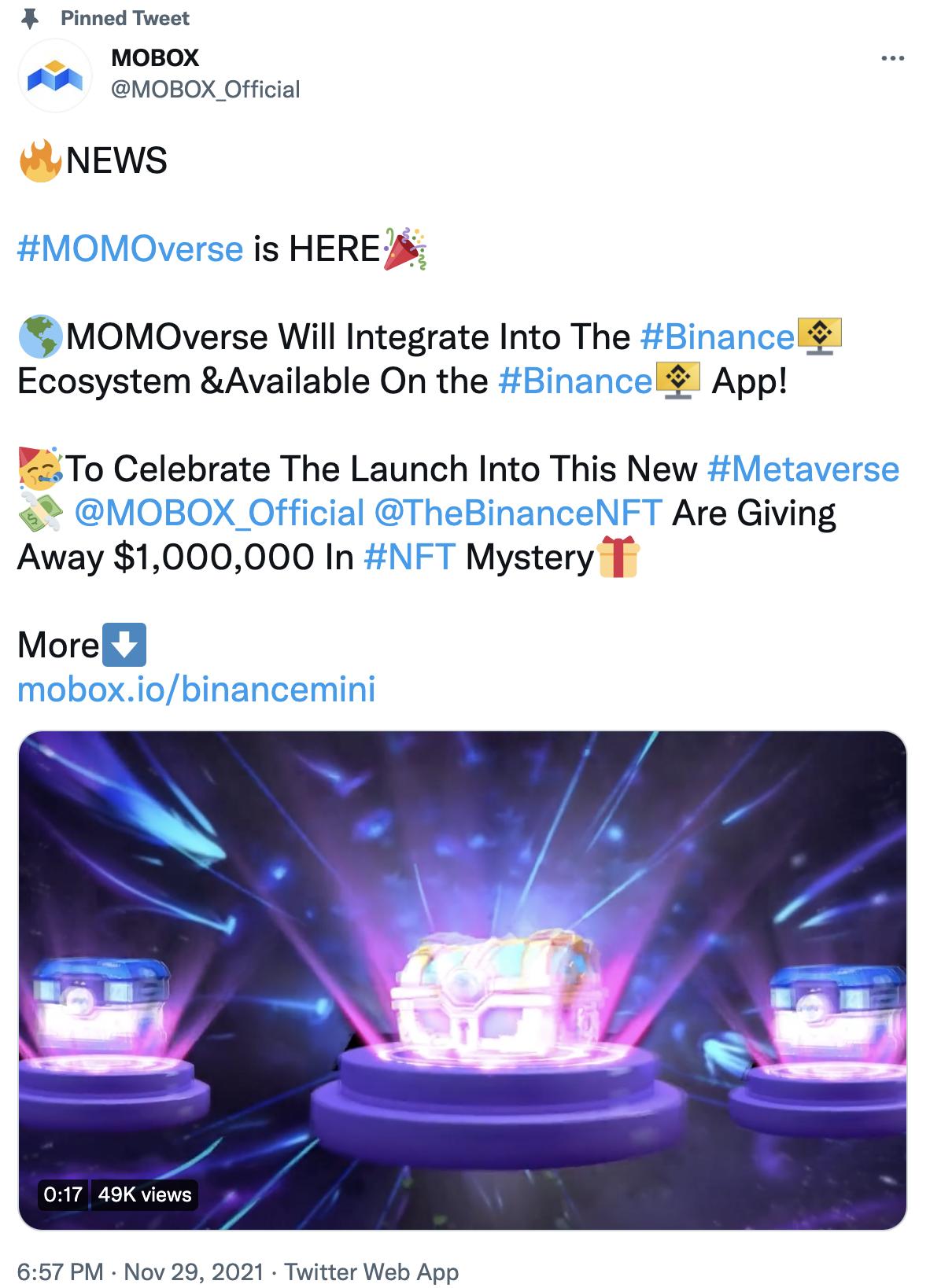 MOBOX元宇宙MOMOverse将集成至Binance App，并赠送价值100万美元的NFT盲盒