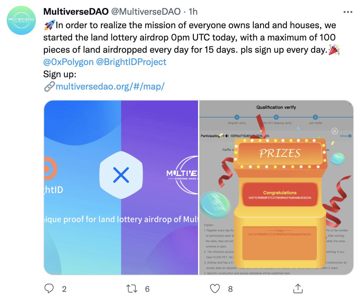 元宇宙项目 MultiverseDao 将于12月13日20时开启土地摇号空投