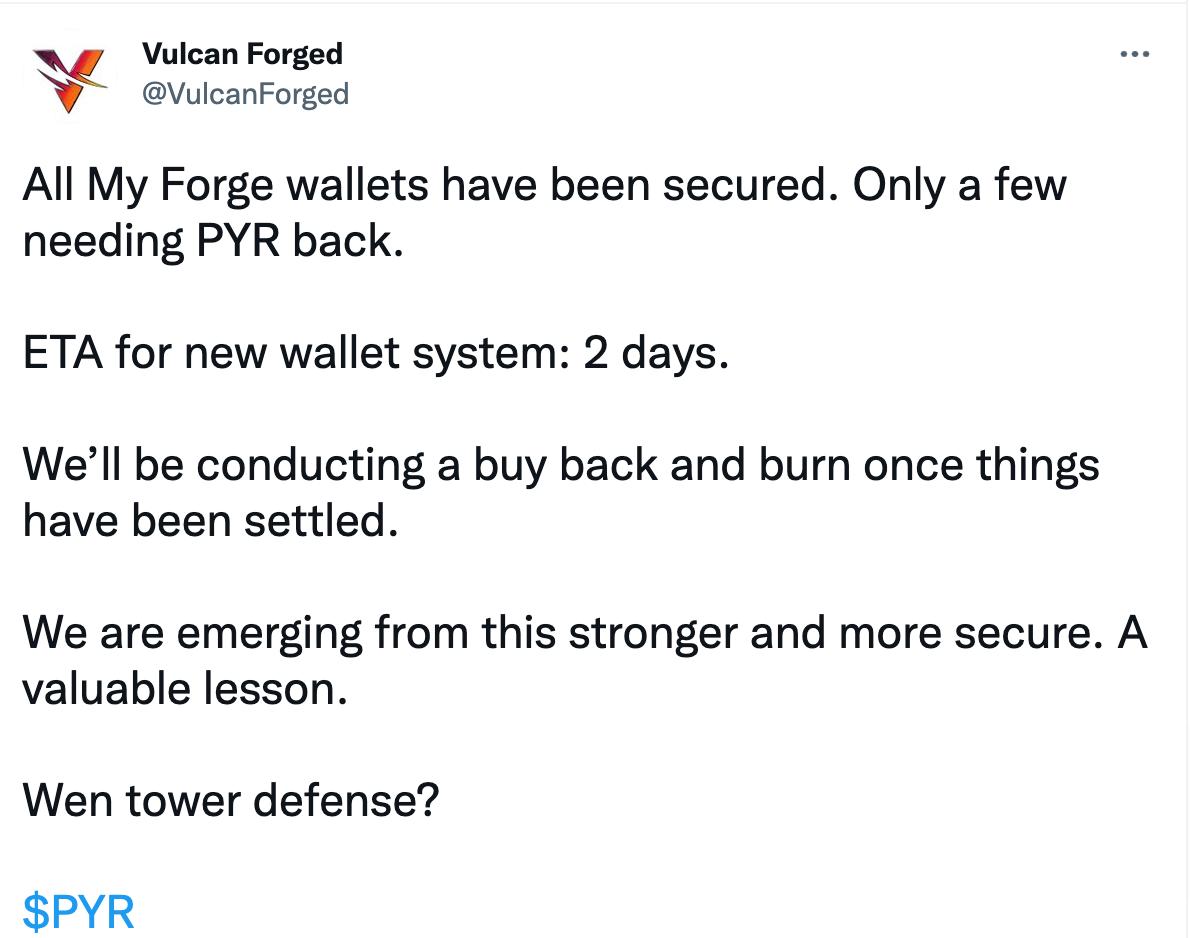Vulcan Forged 已补偿绝大部分被盗钱包，未来将进行回购和销毁