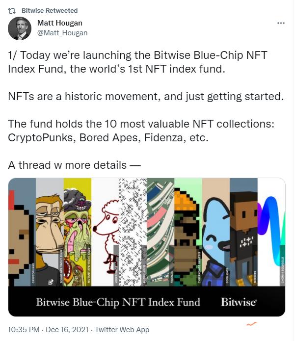 Bitwise宣布推出蓝筹NFT指数基金，将购买和托管CryptoPunks等总市值超60亿美元的蓝筹NFT