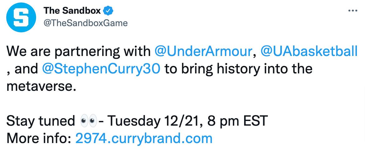 The Sandbox 宣布将与 NBA球星斯蒂芬·库里以及运动品牌 Under Armour 合作