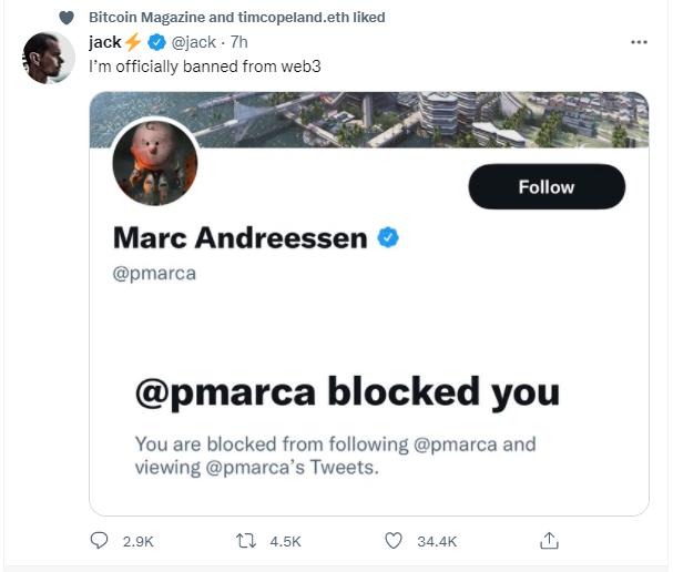 a16z创始人拉黑推特前CEO Jack Dorsey社交账号，此前曾因Web3问题引发争论