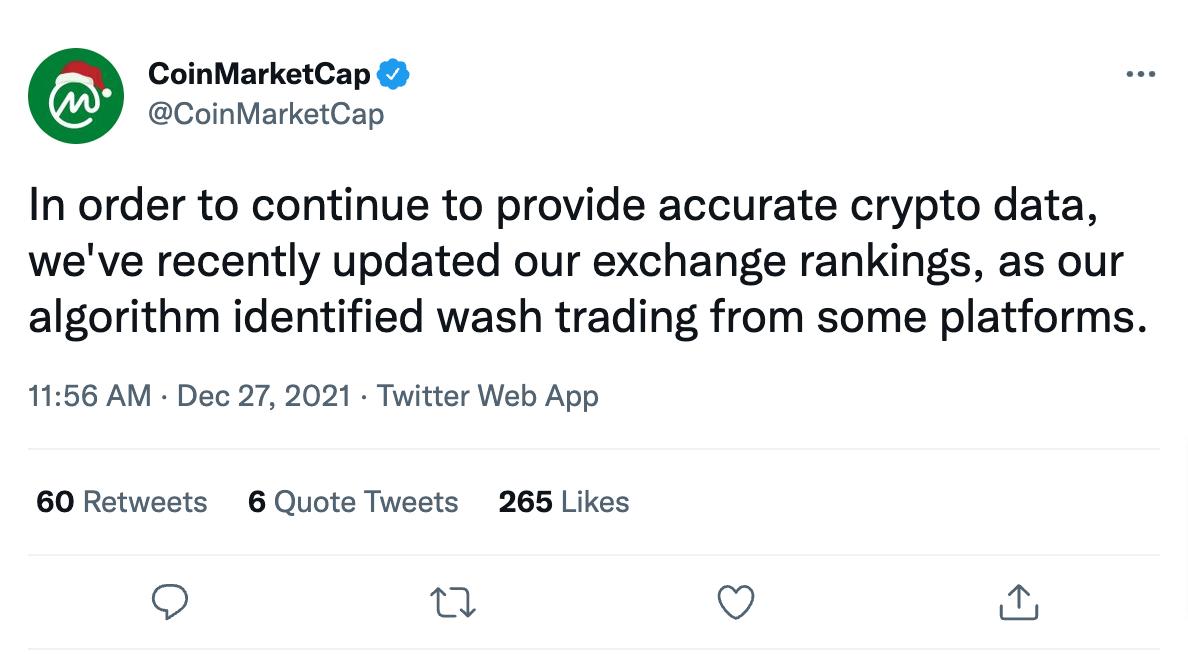 Coinmarketcap 回应 Crypto․com “恶意降低排名”指责：算法识别出某些平台有“注水交易”