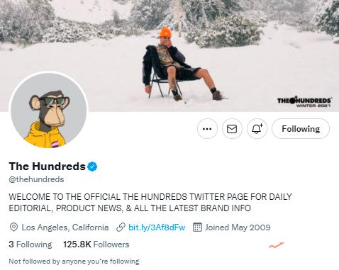  洛杉矶街头服饰品牌TheHundreds将推特头像改为BAYC作品