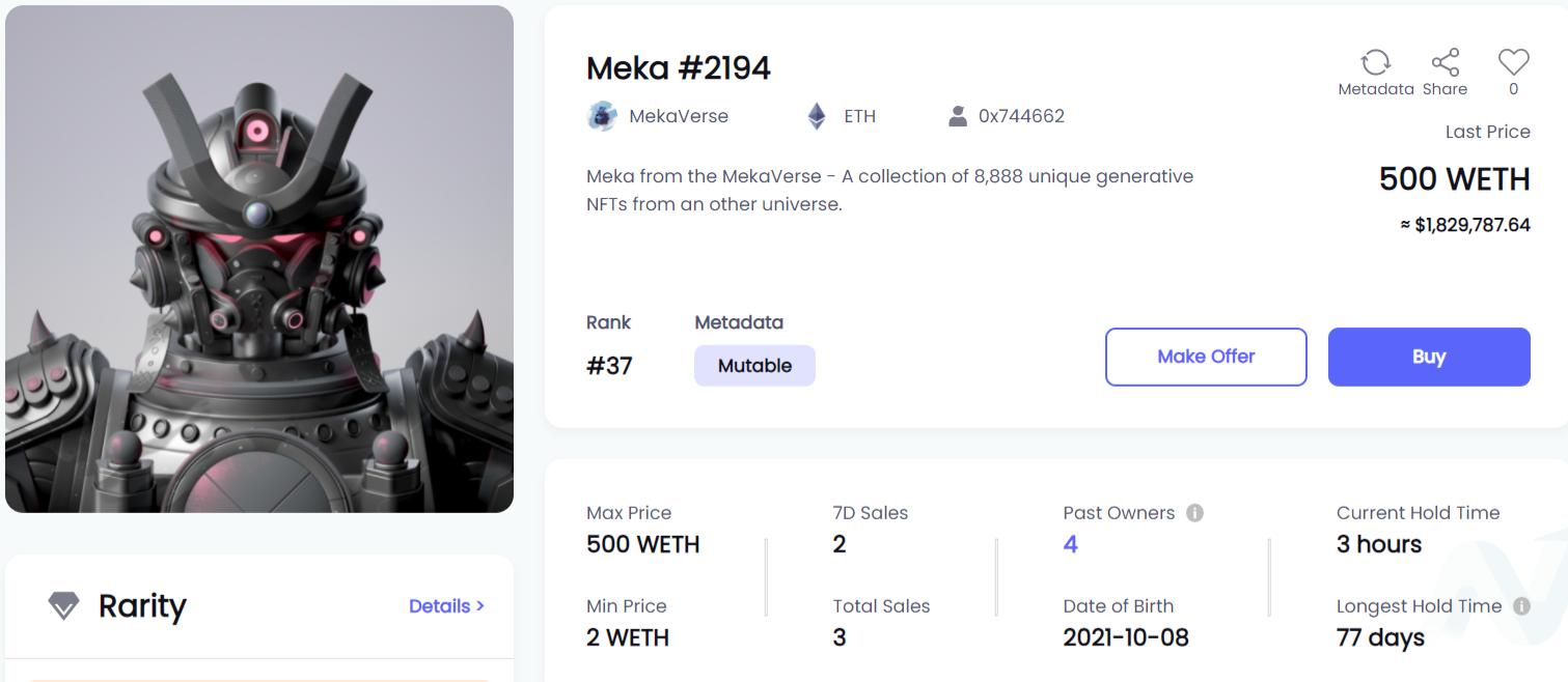 “仿高达”NFT项目 MekaVerse #2194 以 500 ETH 成交，创历史新高
