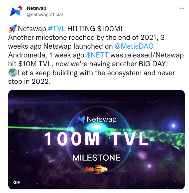 基于 Metis 的 DEX 项目 Netswap 总锁仓金额突破1亿美元