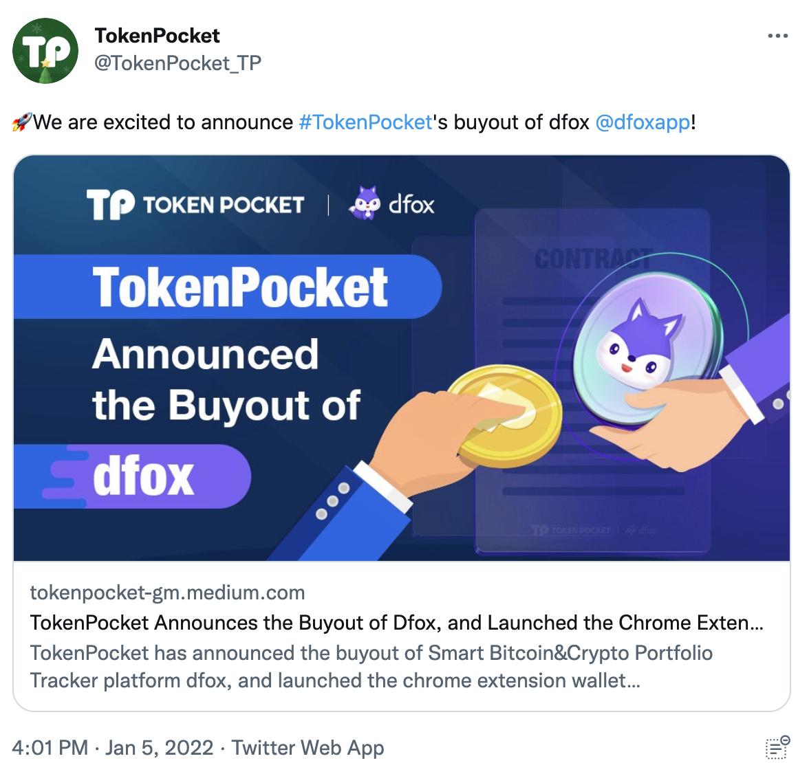 TokenPocket 宣布收购数字资产平台 dfox 并推出插件钱包