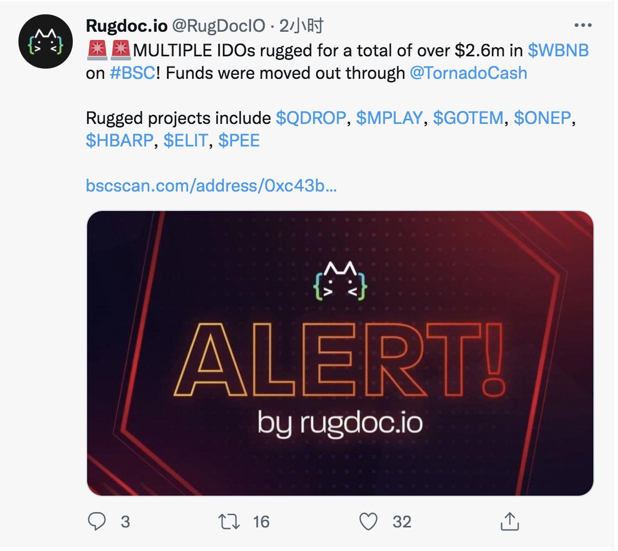 多个BSC链上项目将超260万美元转移至Tornado Cash，疑似Rug Pull