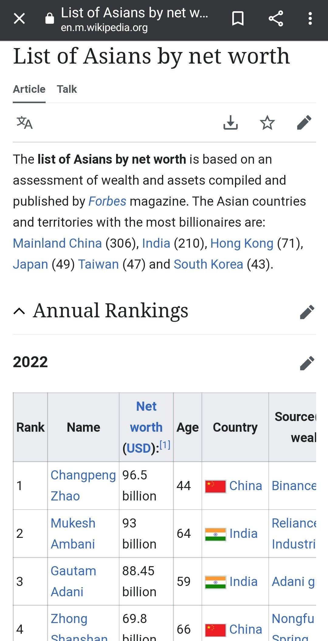 维基百科将赵长鹏标记为亚洲首富，本人回应“财富排名只是一种观点，不要过分解读”