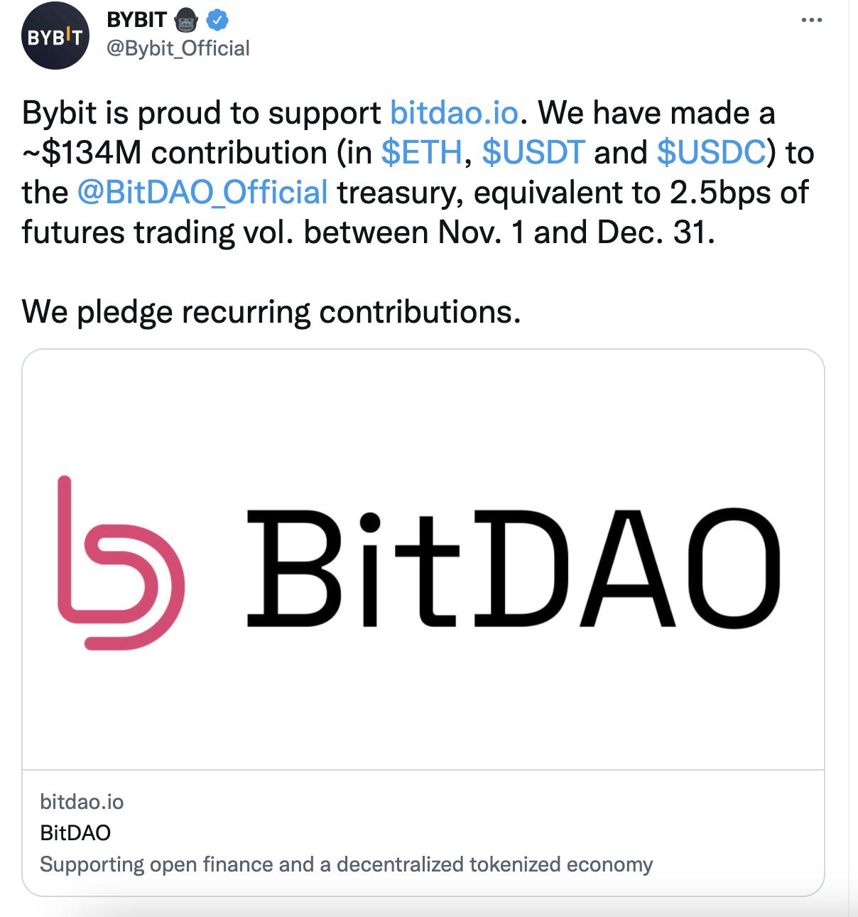 Bybit向去中心化自治组织BitDAO财库捐款1.34亿美元