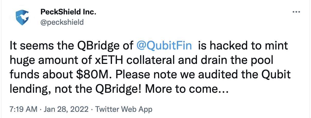 去中心化借贷项目Qubit疑似遭到黑客攻击，损失或达8000万美元