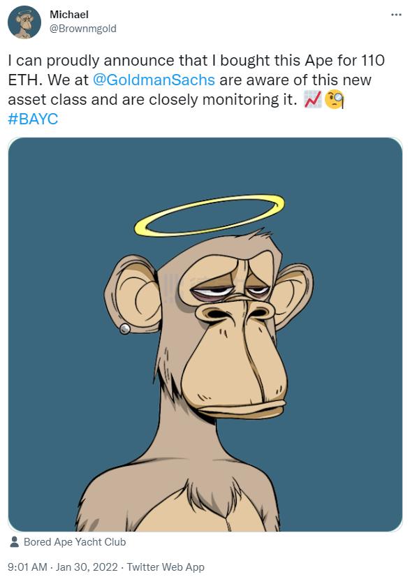 高盛集团高管以110ETH购买BAYC，表示将密切关注NFT领域
