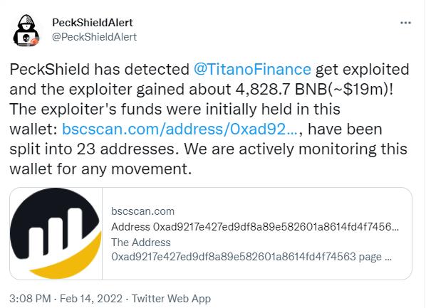 派盾：抵押协议 Titano Finance 被漏洞利用，损失约1900 万美元
