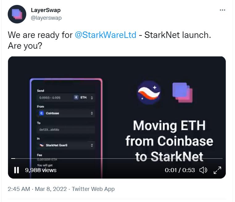LayerSwap 即将在 StarkNet 上线，允许把 ETH 从 Coinbase 转移到 StarkNet