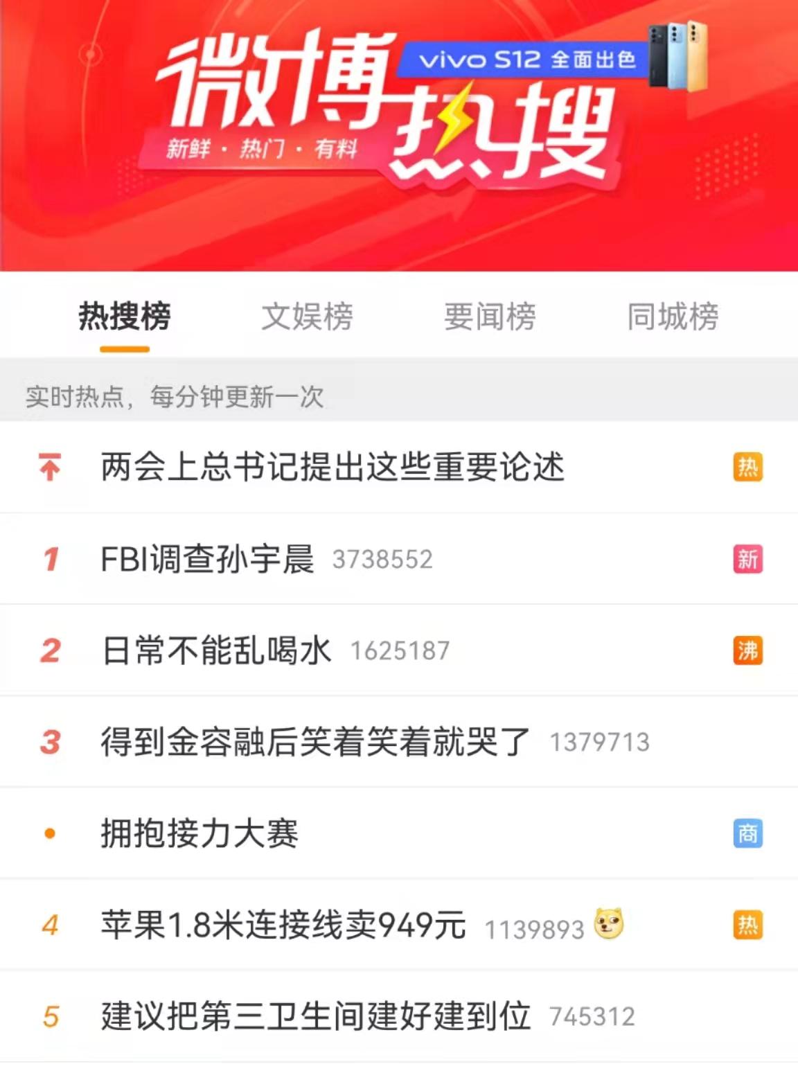 “FBI调查孙宇晨”话题登顶微博热搜榜首