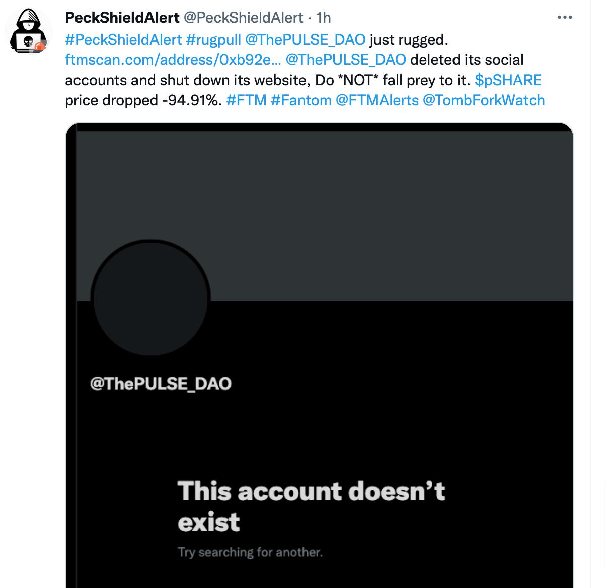 PeckShield：ThePULSE DAO已删除其社交帐户并关闭网站，存在跑路风险