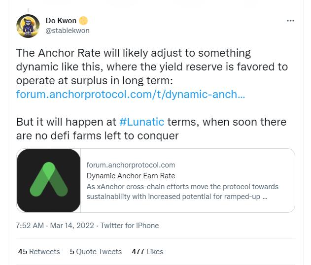 Terra 创始人 Do Kwon 表示 Anchor 协议收益率或改为非固定形式