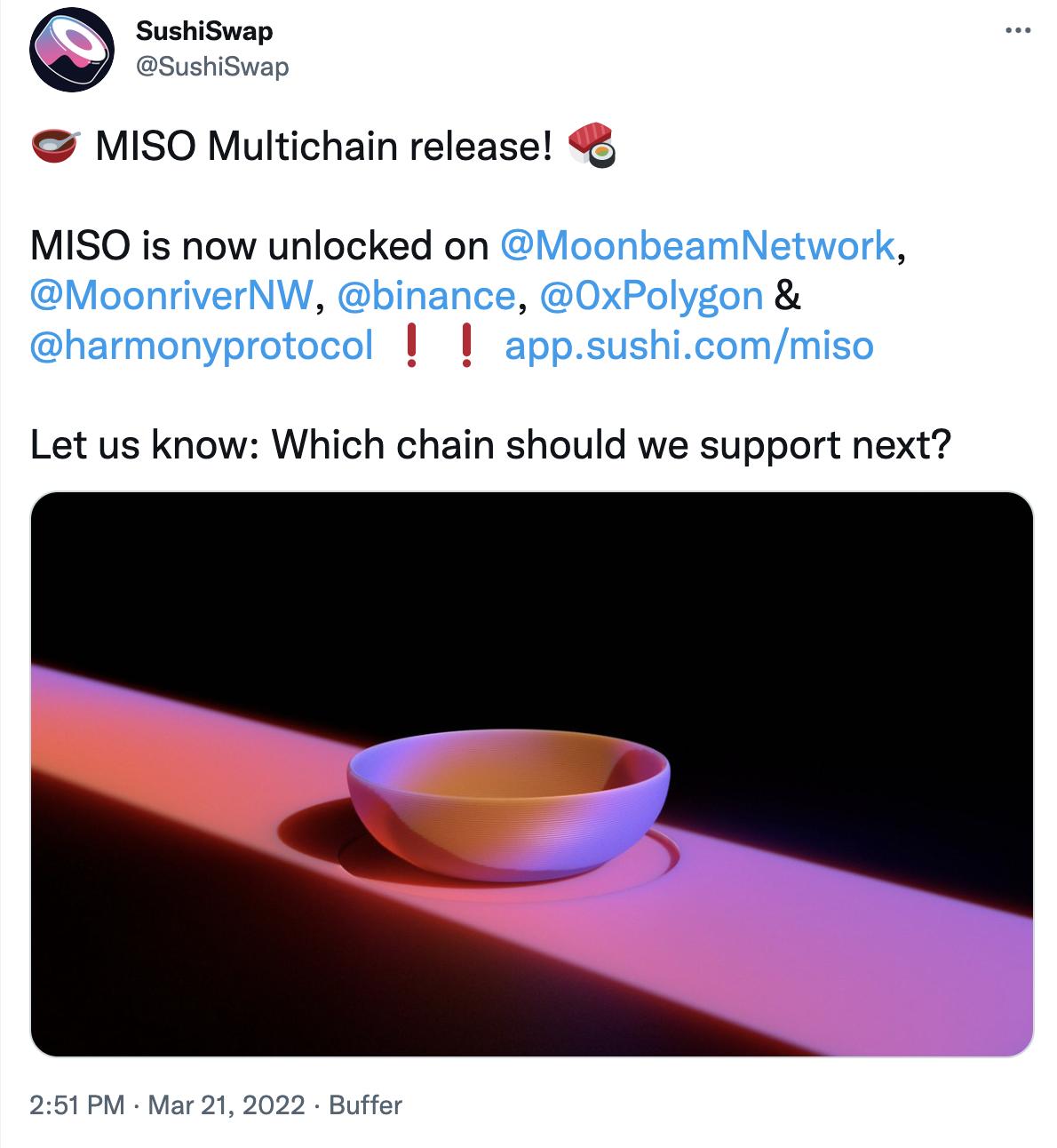 SushiSwap代币发行平台 MISO 在Moonbeam、Polygon等网络部署