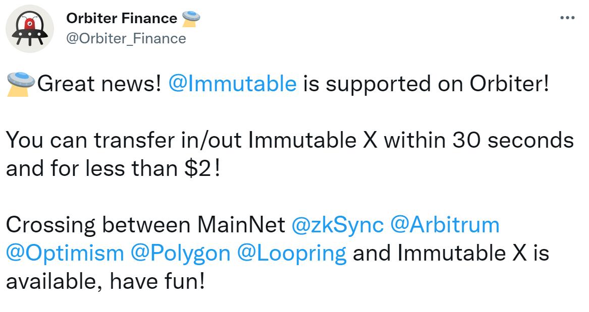 去中心化跨Rollup桥Orbiter Finance宣布集成Immutable X