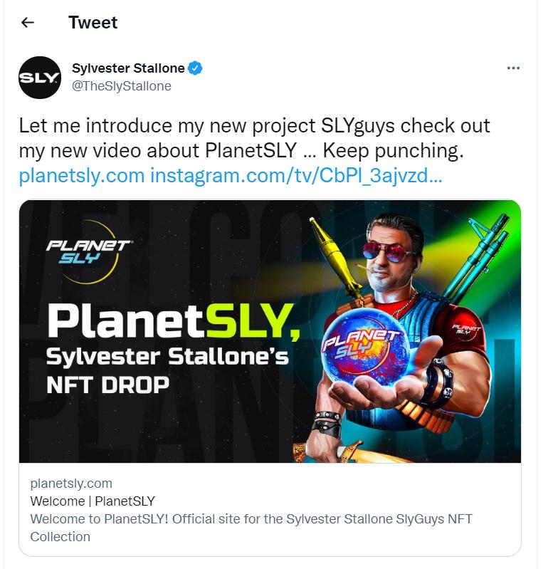 史泰龙将推出个人NFT项目 SLYGuys
