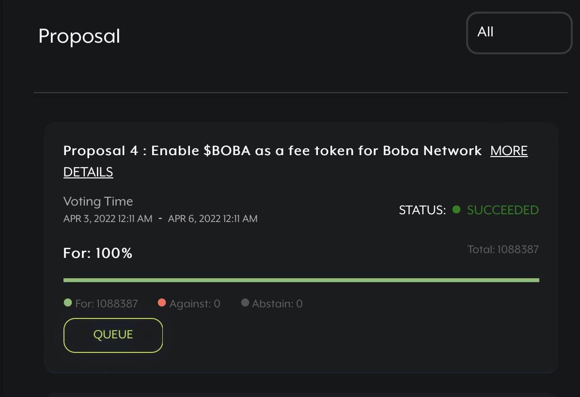 以太坊二层扩容网络Boba Network论坛关于启用BOBA作为Gas代币的提案已全票通过