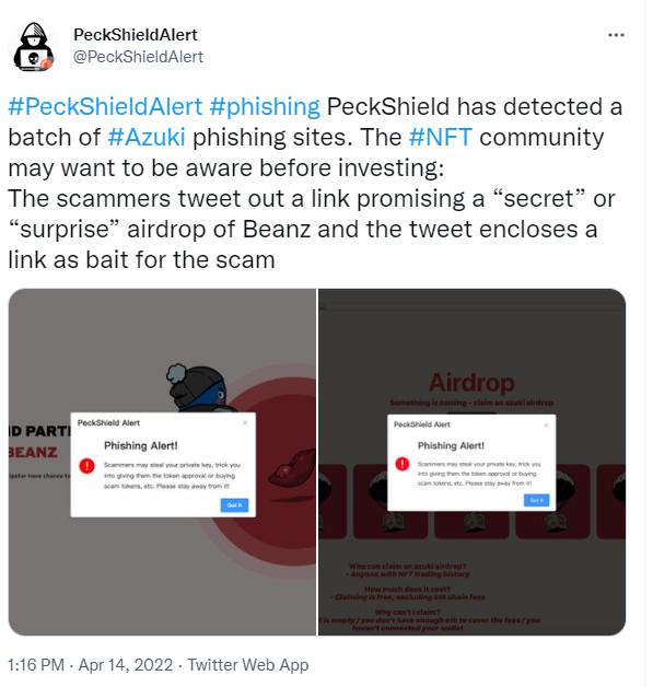 派盾：检测到一批 Azuki 网络钓鱼站点，请社区谨防空投骗局