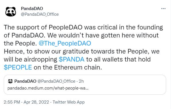 PandaDAO 将向以太坊链上持有 PEOPLE 的钱包地址进行空投