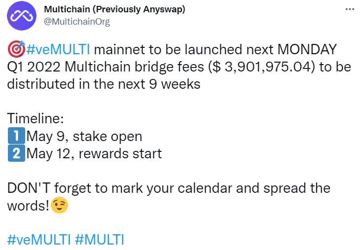 Multichain将于5月9日启动veMULTI主网以及质押功能