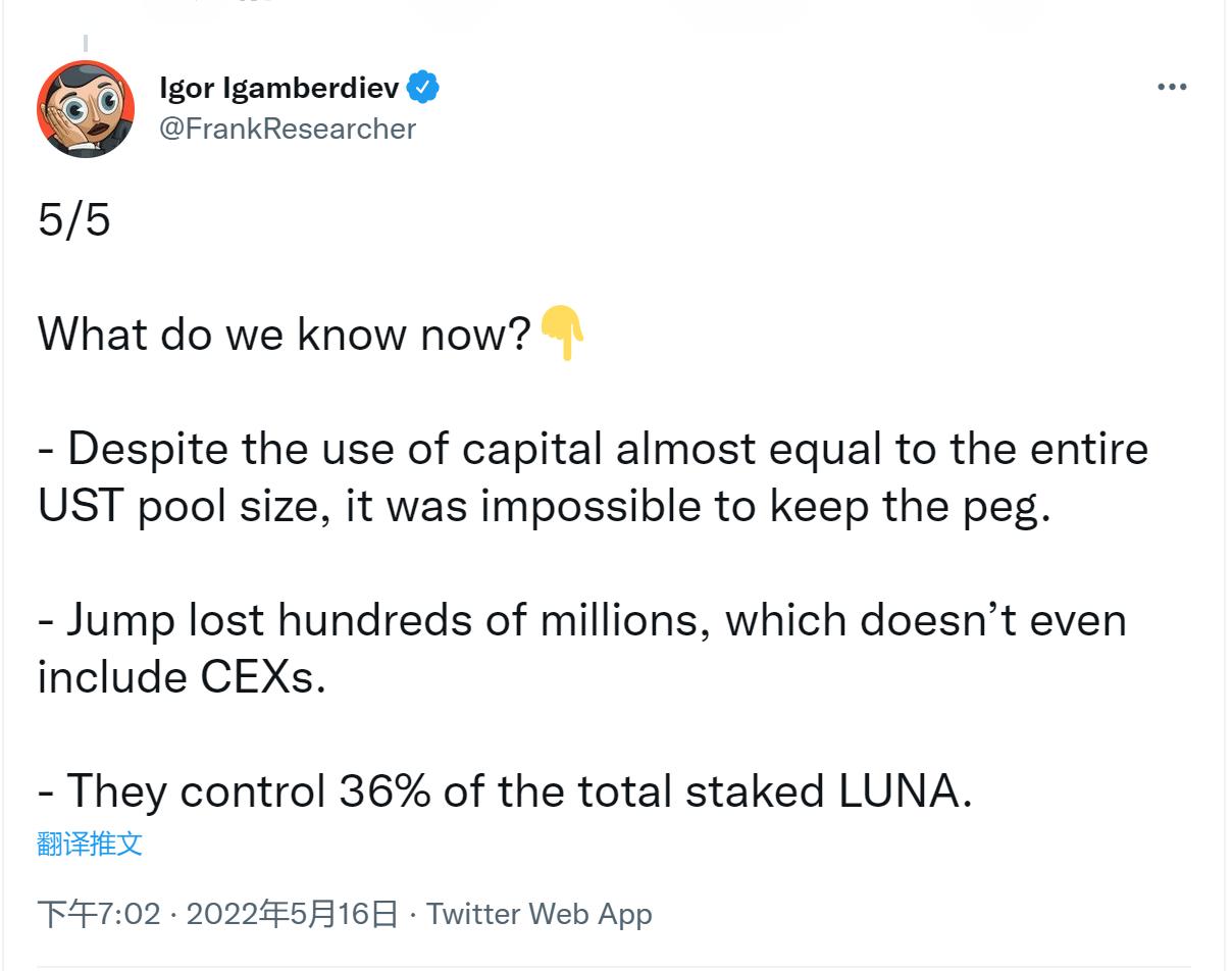 The Block 数据研究总监：Jump Crypto 因本次 UST 脱锚事件损失数亿美元